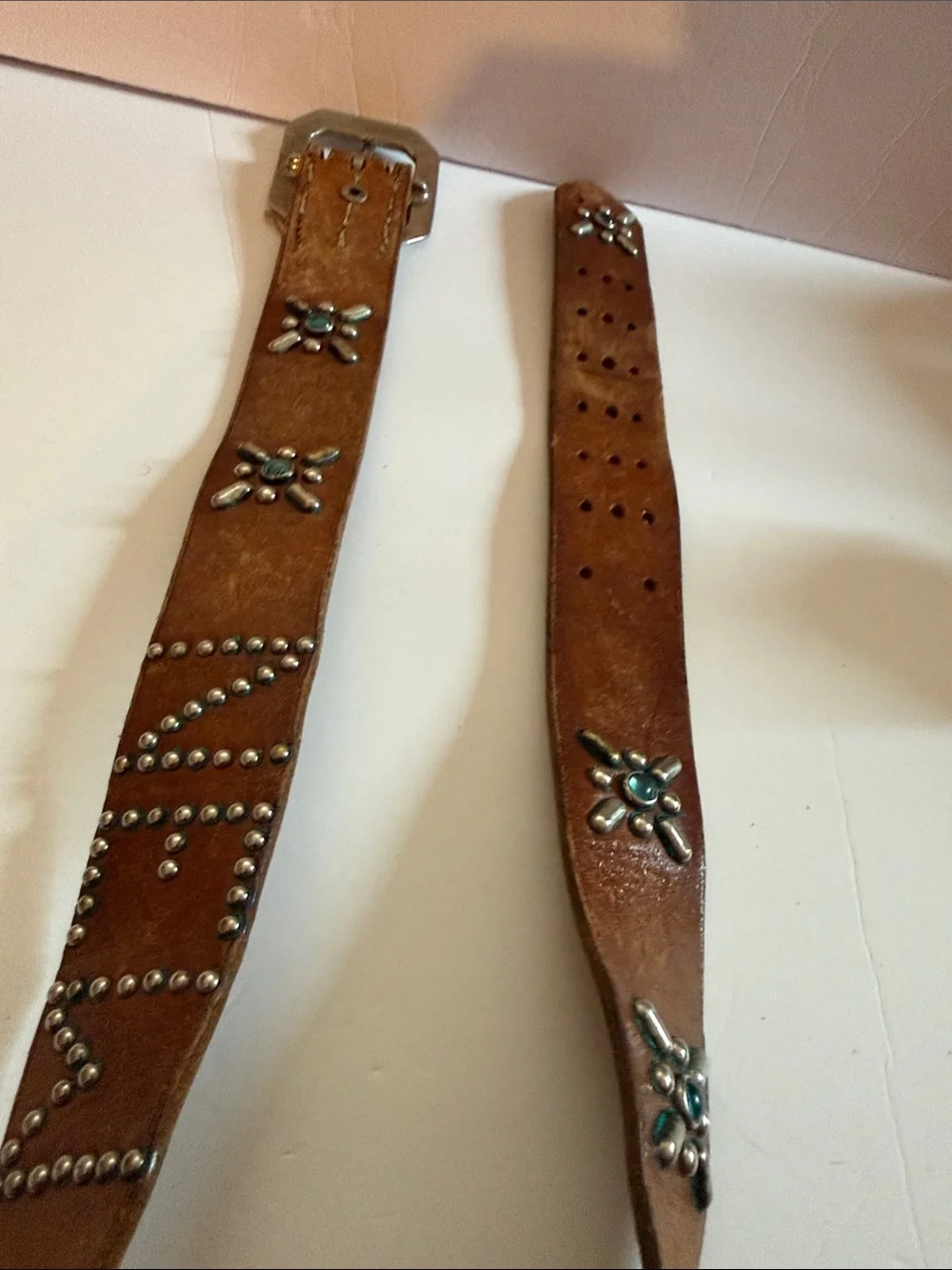 Vintage Brown Leather Belt 2” Studded NEW YORK Turquoise Western Y2K 38”